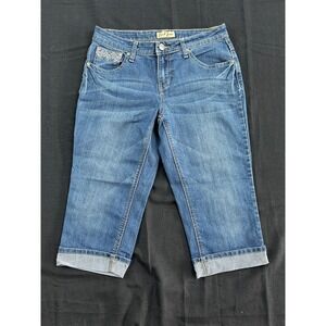 Earl Jean Womens Capri Jeans Size 6 Medium Wash Embroidered Rhinestone Cuffed